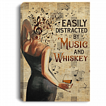 Vintage Easily Distracted By Music And Whiskey Framed Canvas Prints - Unframed Poster, White, 0.75'' Framed Canvas