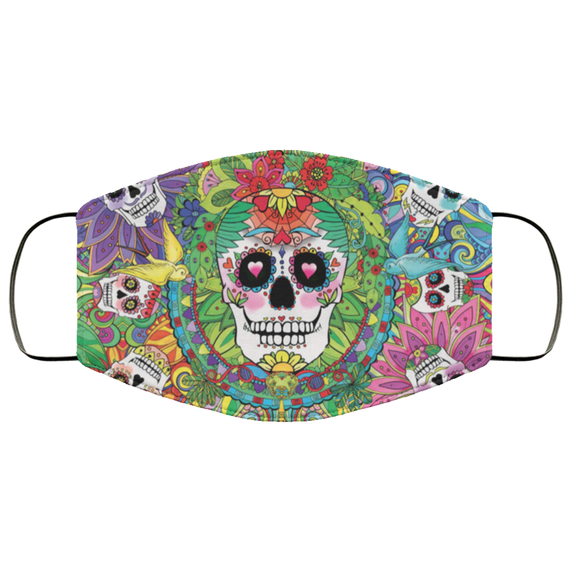 Colorful Mexican Calavera Sugar Skull Mask Washable Reusable Custom – Printed Cloth Face Mask Cover, White, Cloth Face Cover