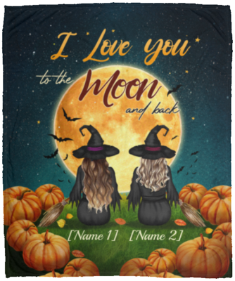 Personalized I Love You to the Moon and Back Pumpkin and Witches Fleece Blanket - Premium Sherpa Blanket, White, Cozy Plush Fleece Blanket - 50x60