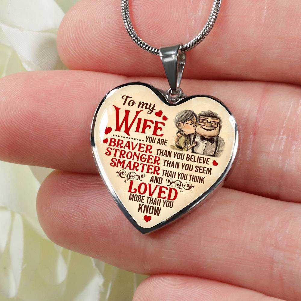 To My Wife You Are Braver Than You Believe And Loved More Than You Know UP Luxury Heart Pendant Necklace - Heart Luxury Necklace (Silver) To My Wife You Are Braver Than You Believe And Loved More Than You Know UP Luxury Heart Pendant Necklace - Heart Luxury Necklace (Silver)