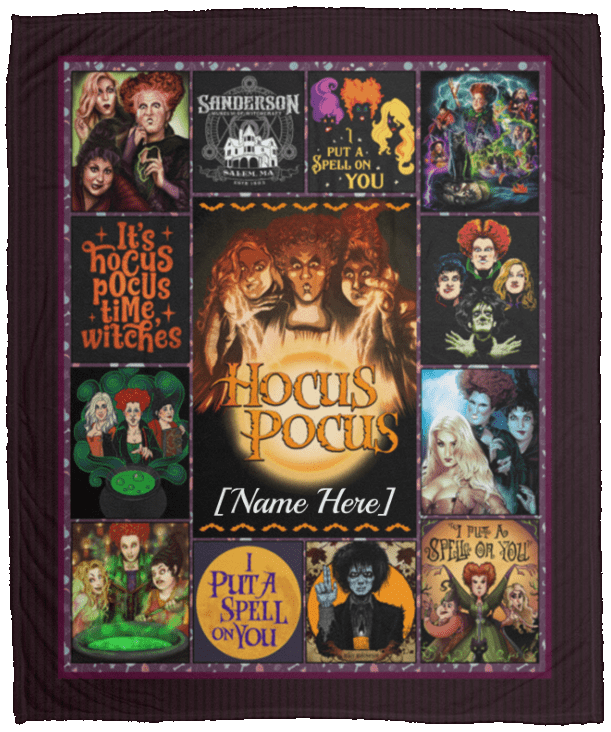 Personalized Hocus Three Witches Pocus Halloween Fleece Blanket - Premium Sherpa Blanket - Woven Blanket, White, Cozy Plush Fleece Blanket - 50x60