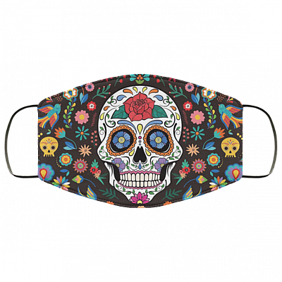 Mexican Calavera Sugar Skull Mask Washable Reusable Custom – Printed Cloth Face Mask Cover, White, Cloth Face Cover