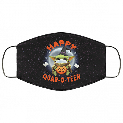 Baby Yoda Washable Reusable Custom Printed Cloth Face Mask Cover - Happy Quar-o-teen - Funny Halloween Quarantine Face Mask, Black, Cloth Face Cover