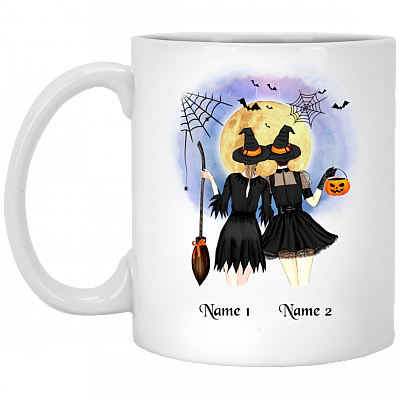 Personalized Halloween Best Friends Witches Ceramic Coffee Mug - Beer Stein - Water Bottle - Color Changing Mug, White, 11 oz. White Mug
