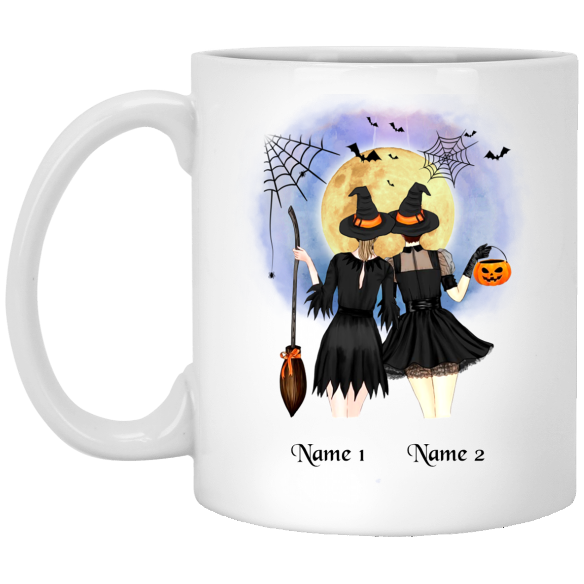 Personalized Halloween Best Friends Witches Ceramic Coffee Mug - Beer Stein - Water Bottle - Color Changing Mug, White, 11 oz. White Mug