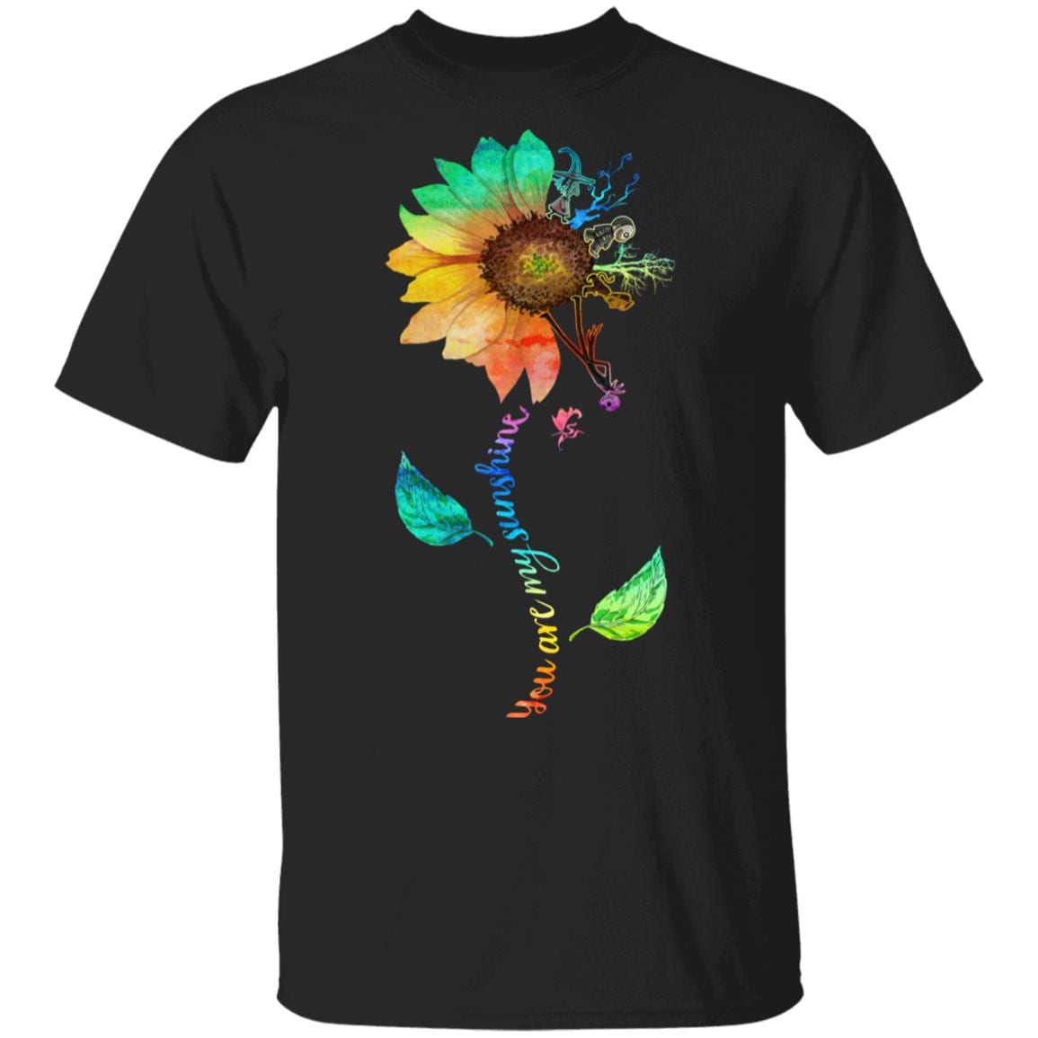 You Are My Sunshine Skellington Shirt - Halloween T- Shirt - nightmare before christmas shirt - Rainbow Sunflower Shirt, Black, Unisex T-Shirt