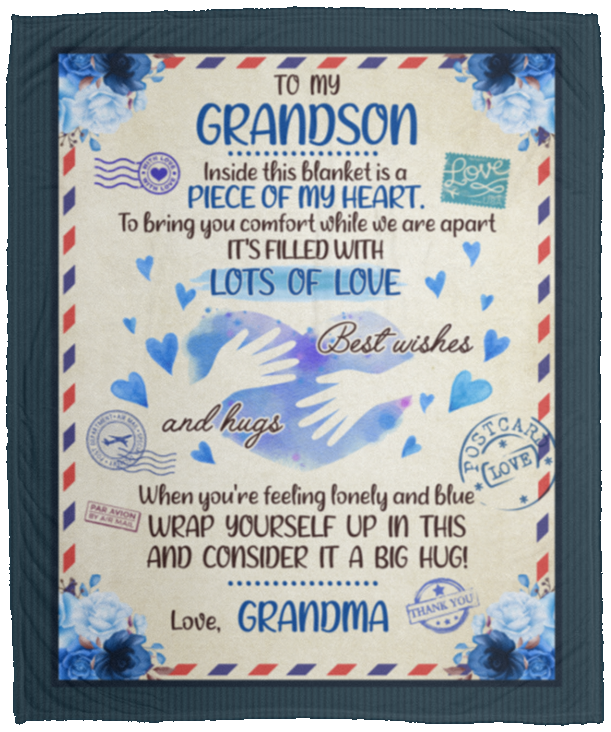 To My Grandson Inside This Blanket Is a Piece of My Heart Fleece Blanket - Premium Mink Sherpa Blanket, White, Cozy Plush Fleece Blanket - 50x60