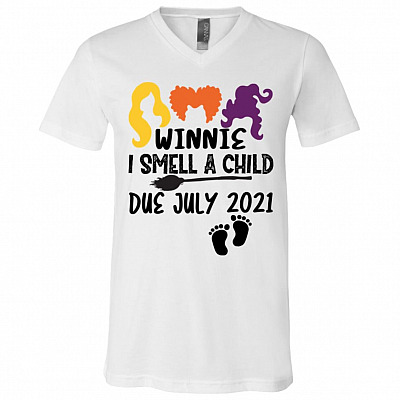 Winnie I Smell A Child Due July 2021 T-Shirt - Pregnant Halloween Shirt, White, V-Neck T-Shirt