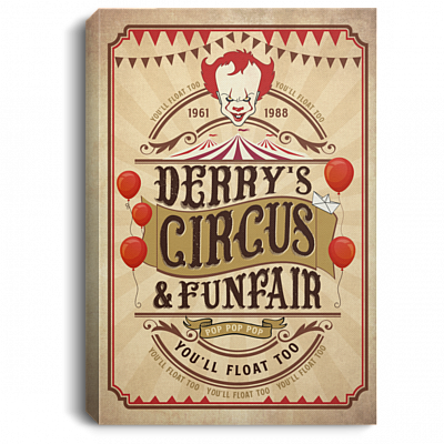 Vintage Scary Clown Derry's Circus Funfair You'll Float Too Wrapped Framed Canvas Prints - Unframed Poster, White, 0.75'' Framed Canvas