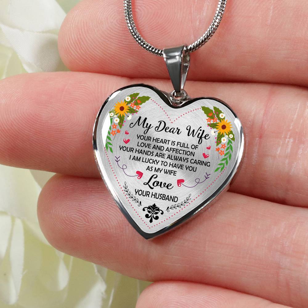 Husband to My Dear Wife Your Heart Is Full of Love and Affection Heart Pendant Necklace - Heart Luxury Necklace (Silver)
