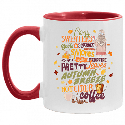 Cozy Sweaters S'mores By The Campfire Pretty Leaves Coffee Autumn Fall Ceramic Accent Mug-Halloween Gifts Mug, White/Red, 11 oz. Accent Mug