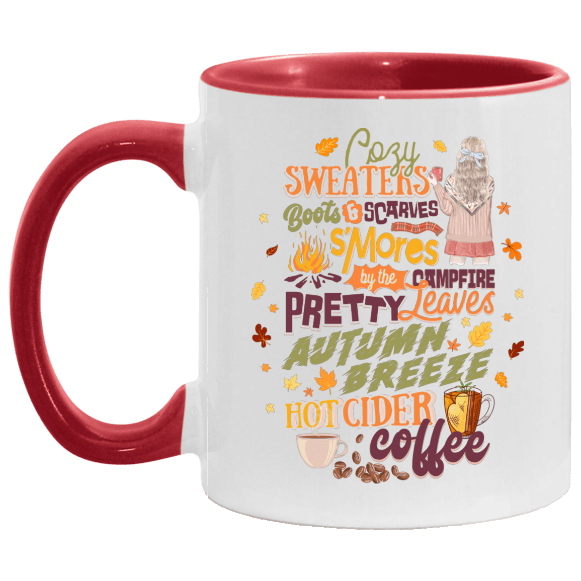Cozy Sweaters S'mores By The Campfire Pretty Leaves Coffee Autumn Fall Ceramic Accent Mug-Halloween Gifts Mug, White/Red, 11 oz. Accent Mug