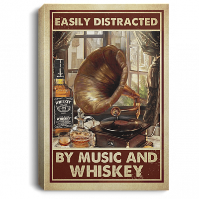 Vintage Easily Distracted By Music And Whiskey Framed Canvas Prints - Unframed Poster, White, 0.75'' Framed Canvas