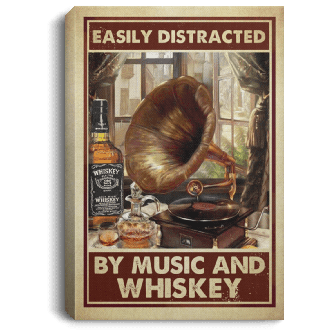 Vintage Easily Distracted By Music And Whiskey Framed Canvas Prints - Unframed Poster, White, 0.75'' Framed Canvas