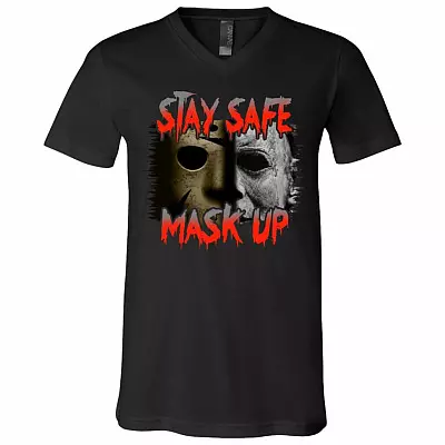 Stay Safe Mask Up Michael and Jason Mask Horror Characters T-Shirt - V Neck, Black, V-Neck T-Shirt
