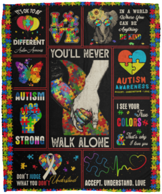 Proud Autism Awareness Family Puzzle Heartbeat Fleece Sherpa Blanket - You'll Never Walk Alone Autism Blanket, White, Cozy Plush Fleece Blanket - 50x60
