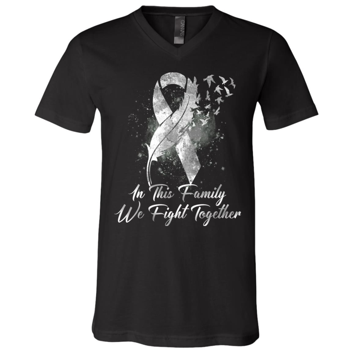 White Feather Ribbon Lung Cancer In This Family We Fight Together T-Shirt - V-Neck Tee, Black, V-Neck T-Shirt