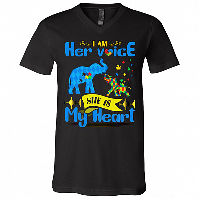 I Am His Voice She Is My Heart Elephant Autism T-Shirt - V-Neck Shirt - Autism Awareness Dad Mom Shirt, Black, V-Neck T-Shirt