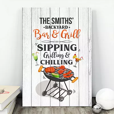 Alternative view of Personalized Family Name Bar and Grill Sipping Grilling and Chilling Framed Canvas - Unframed Poster