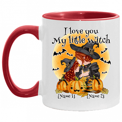 Personalized I Love You My Little Witch Accent Mug - Ceramic Coffee Mug - Halloween Gift for Daughter Niece, White/Red, 11 oz. Accent Mug