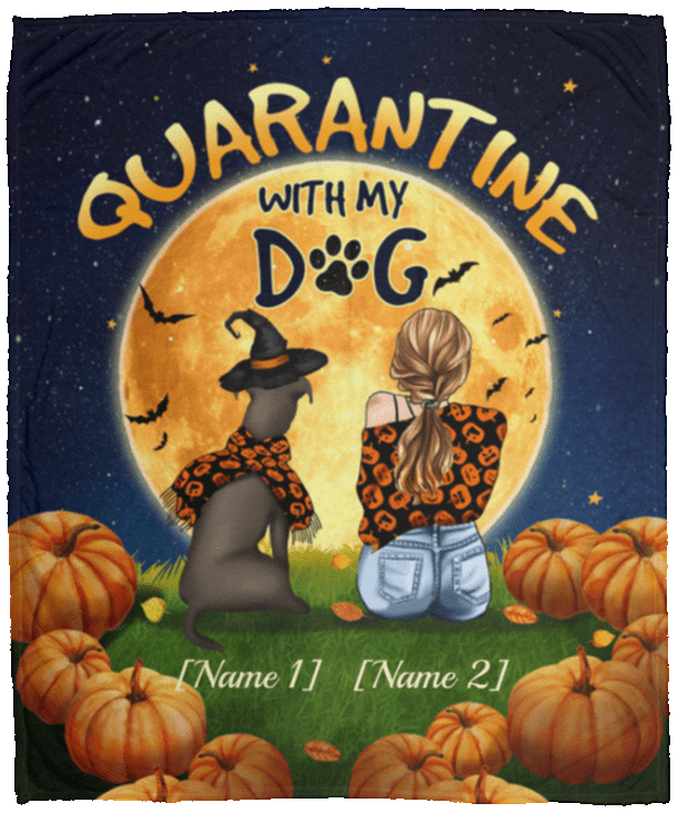Personalized Quarantine With My Dog Pitbull Halloween Fleece Blanket - Premium Sherpa Blanket, White, Cozy Plush Fleece Blanket - 50x60