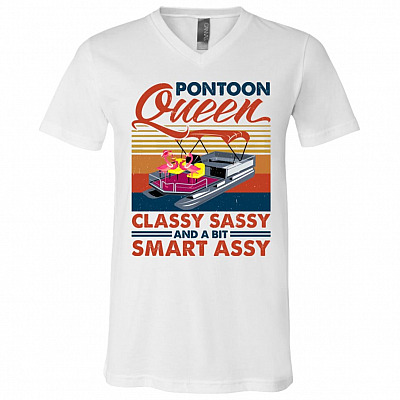 Pontoon Queen Classy Sassy and A Bit Smart Assy Funny Flamingo T-Shirt - V-Neck Shirt, White, V-Neck T-Shirt