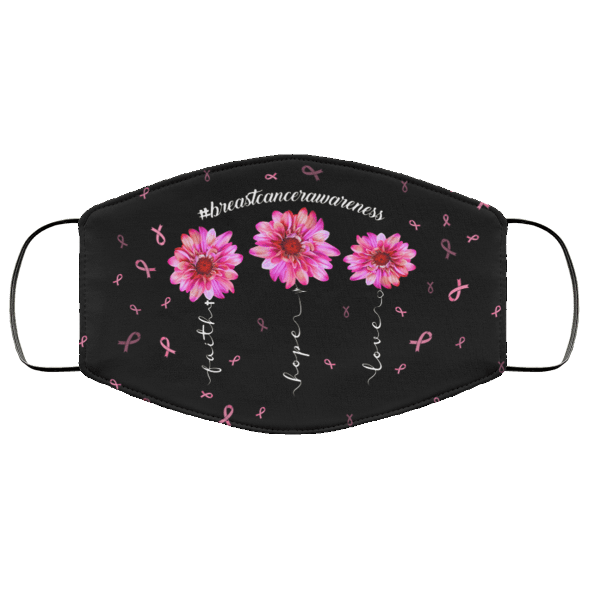 Pink Ribbon Faith Hope Love Breast Cancer Awareness Washable Reusable Custom - Printed Cloth Face Mask Cover, Black, Cloth Face Cover