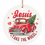 Jesus Take The Wheel Ornament Keepsake - Christmas Holiday Flat Circle Porcelain Ceramic Ornament, White, Ceramic Circle Ornament