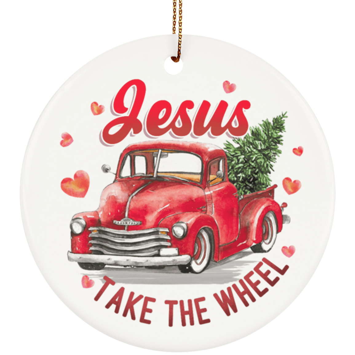 Jesus Take The Wheel Ornament Keepsake - Christmas Holiday Flat Circle Porcelain Ceramic Ornament, White, Ceramic Circle Ornament