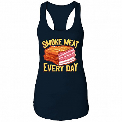 Men Smoke Meat Everyday Vintage Funny Cotton Tank Top Tee - Funny BBQ Grilling Tank Top, Midnight Navy, Ladies Racerback Tank