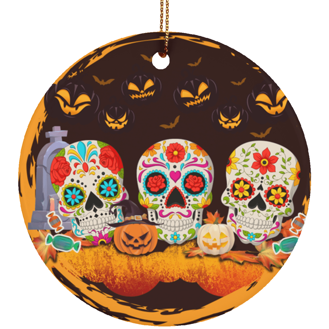 Halloween Pumpkin Sugar Skull Decorative Halloween Ornament - Holiday Flat Circle Porcelain Ceramic Ornament, White, Ceramic Circle Ornament