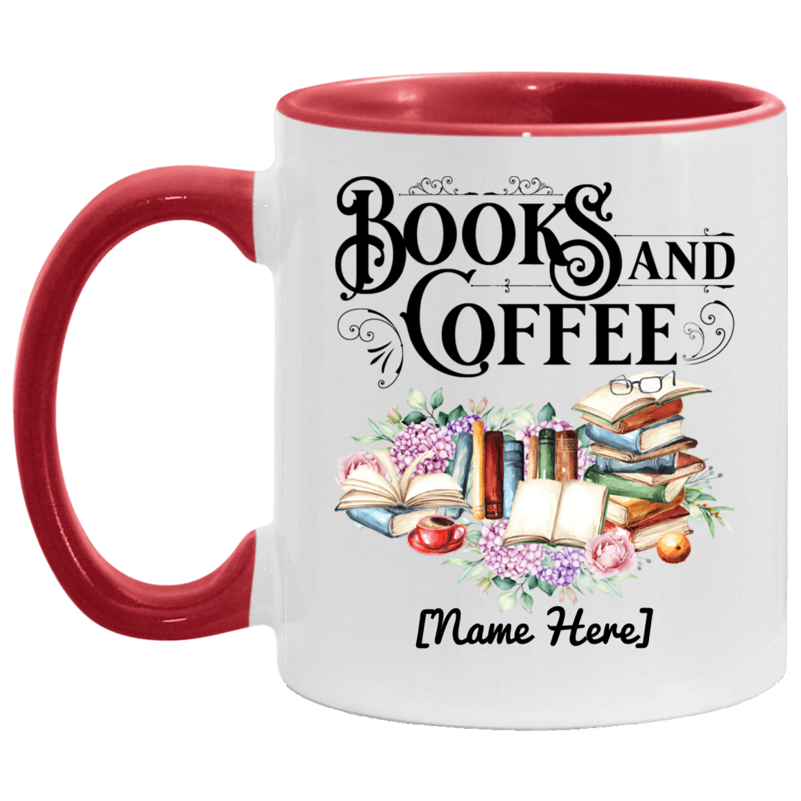 Personalized Books & Coffee Ceramic Accent Mug - Book Lover Gifts Mug, White/Red, 11 oz. Accent Mug