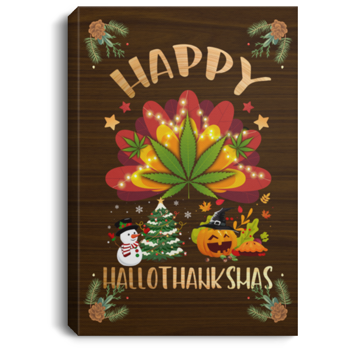 Happy Hallothanksmas Weed Framed Canvas Unframed Poster - Cannabis Halloween Thanksgiving Christmas Wall Art, White, 0.75'' Framed Canvas