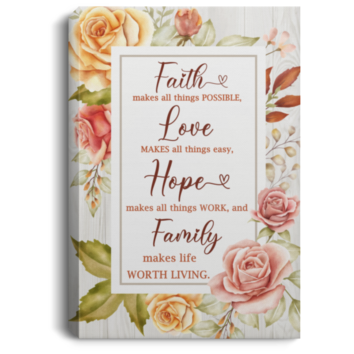Faith Love Hope Family Gallery Wrapped Framed Canvas Prints - Unframed Poster - Home Decor Wall Art, White, 0.75'' Framed Canvas