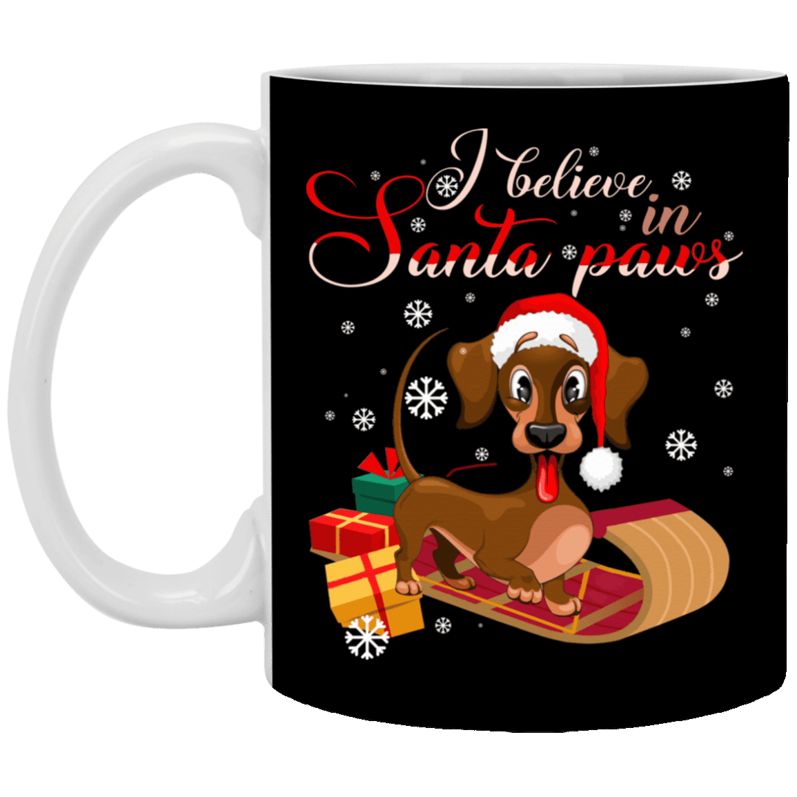 I Believe in Santa Daschund Paws Ceramic Coffee Mug - Beer Stein - Water Bottle - Color Changing Mug, Black, 11 oz. White Mug