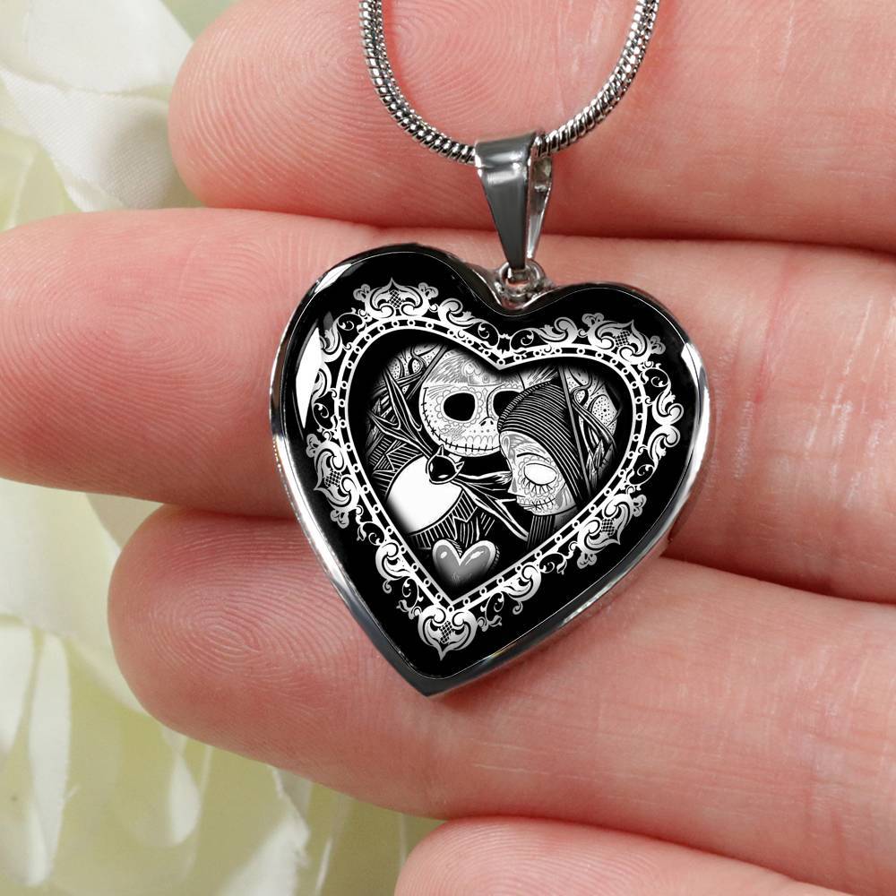 Jack And Sally Heart Pendant Necklace - Skellington Gifts For Couple - Heart Luxury Necklace (Silver)