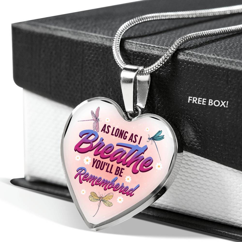 Dragonfly as Long as I Breathe You'll Be Remembered Heart Pendant Necklace - Heart Luxury Necklace (Silver)