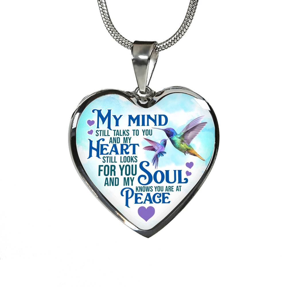 My Mind Still Talks To You But My Soul Know You Are At Peace Hummingbird Luxury Heart Pendant Necklace - Heart Luxury Necklace (Silver)