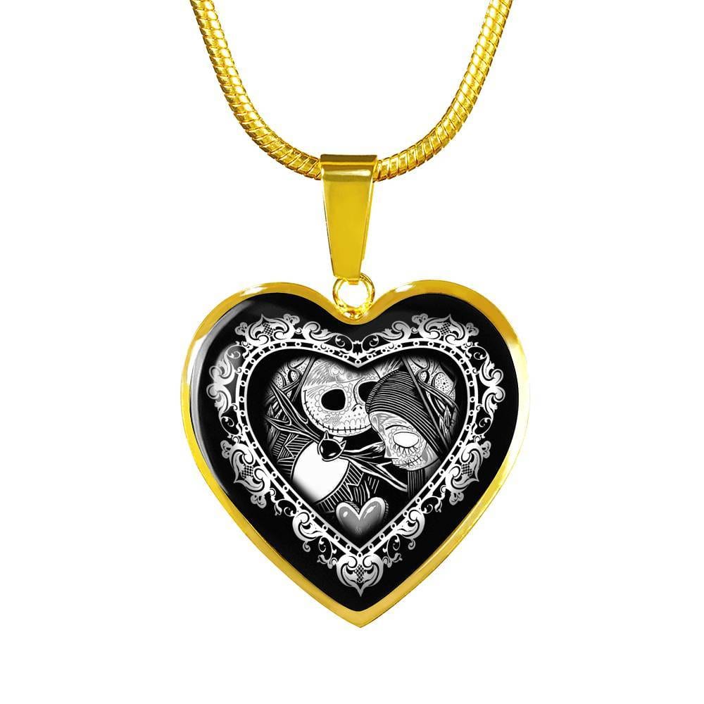 Jack And Sally Heart Pendant Necklace - Skellington Gifts For Couple - Heart Luxury Necklace (Gold Plated)