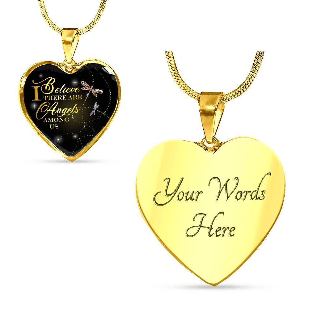Dragonfly I Believe There Are Angels Among Us Heart Pendant Necklace - Heart Luxury Necklace (Gold Plated)