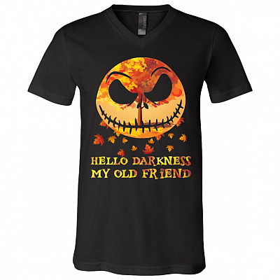 Hello Darkness My Old Friend Funny Jack Skellington Autumn Leaf T-Shirt - V-Neck, Black, V-Neck T-Shirt
