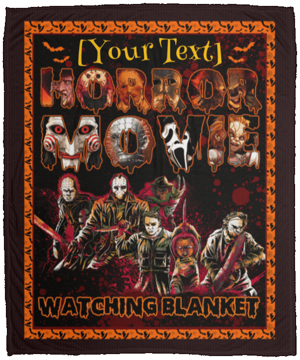 Personalized Name Horror Movie Watching Blanket Halloween Characters Fleece Blanket - Premium Sherpa Blanket, White, Cozy Plush Fleece Blanket - 50x60