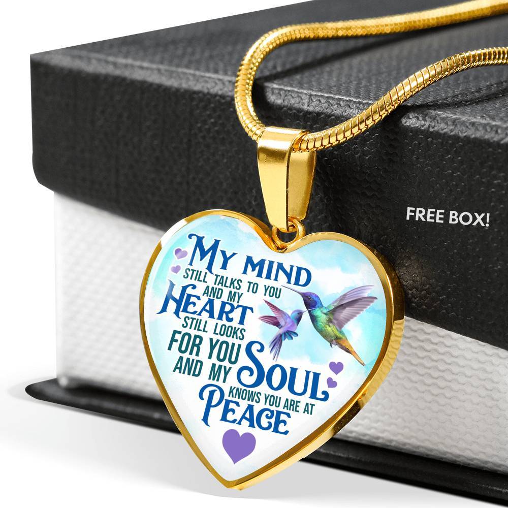 My Mind Still Talks To You But My Soul Know You Are At Peace Hummingbird Luxury Heart Pendant Necklace - Heart Luxury Necklace (Gold Plated)