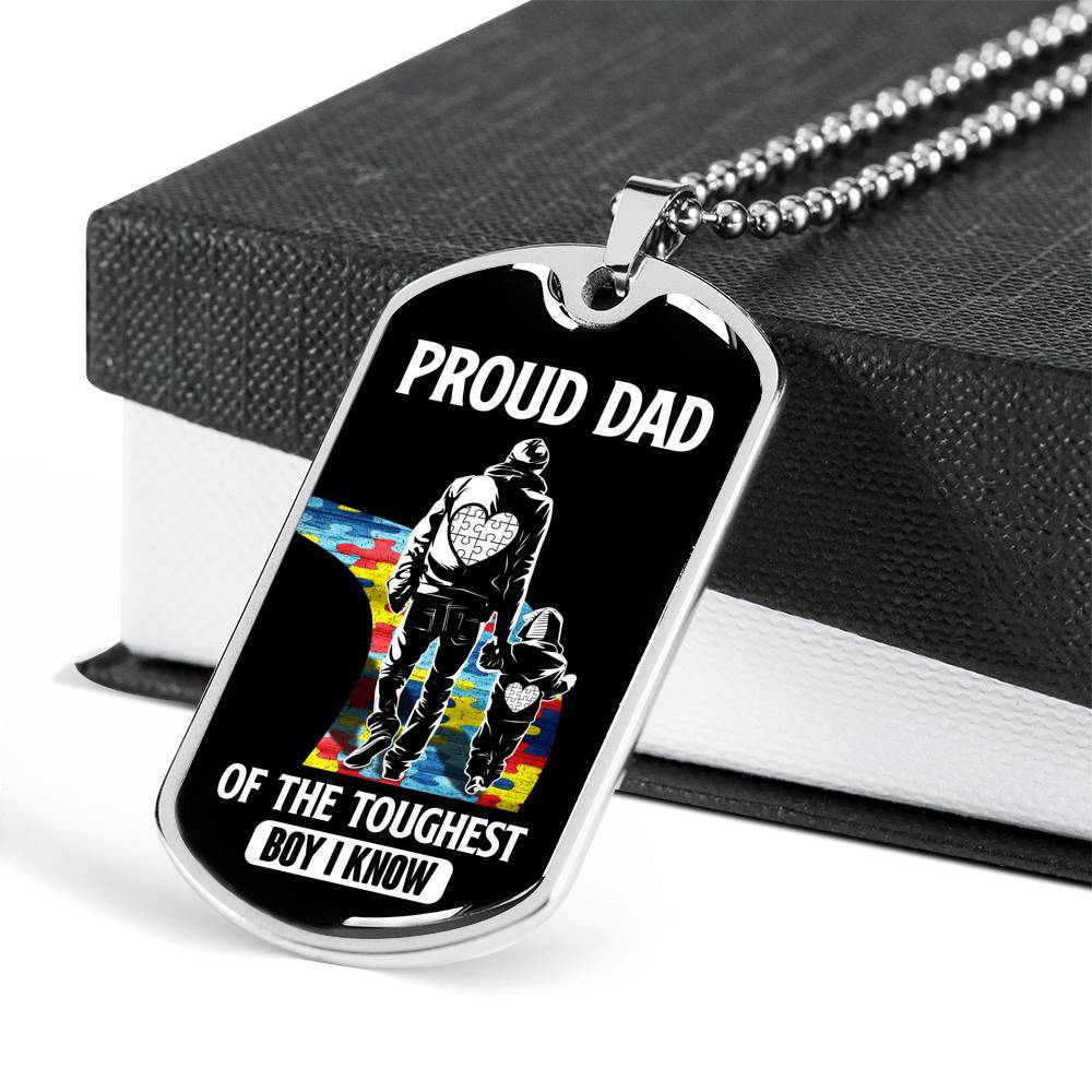 Proud Dad of the Toughest Boy I Know Autism Awareness Dog Tag Pendant Necklace - Dog Tag (Silver)