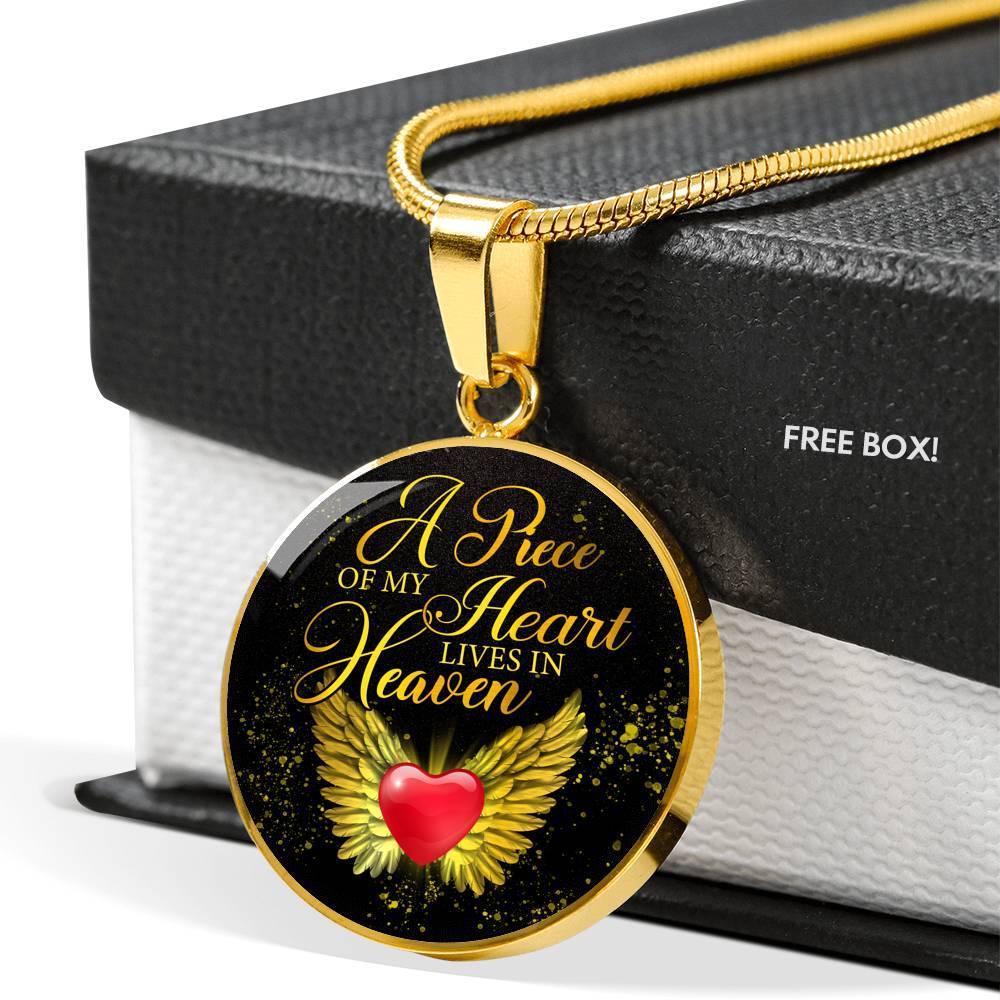Angel Wings Heart a Piece of My Heart Lives in Heaven Circle Pendant Necklace - Circle Luxury Necklace (Gold Plated)
