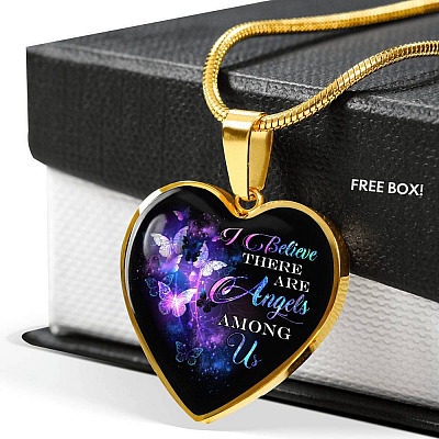 Butterfly I Believe There Are Angels Among Us Heart Pendant Necklace - Heart Luxury Necklace (Gold Plated)