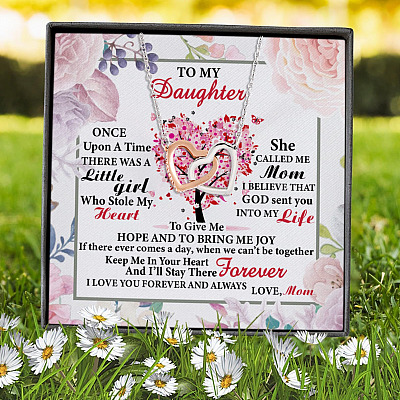 Alternative view of To My Daughter Once Upon A Time There Was A Little Girl Who Stole My Hearts Interlocking Heart Pendant Necklace