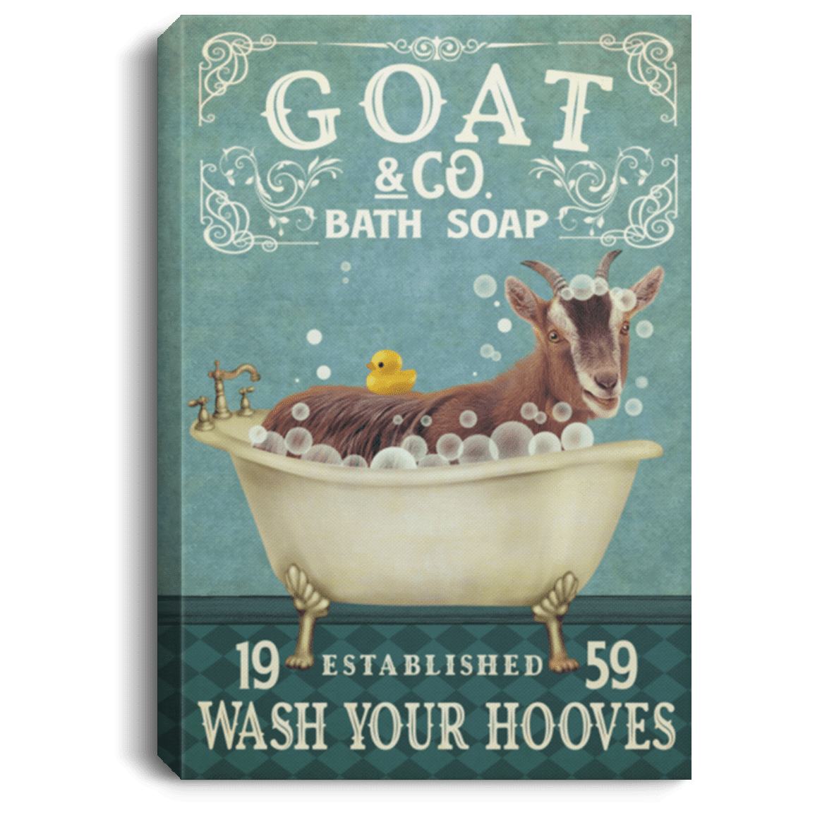 Goat Co Bath Soap Wash Your Hooves Established 1959 Wrapped Framed Canvas Prints - Goat Bathroom Unframed Poster, White, 0.75'' Framed Canvas