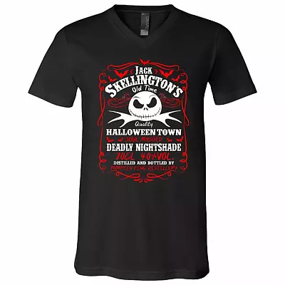 Whiskey Label Jack Skellington Funny The nightmare Before Christmas T-Shirt - V Neck, Black, V-Neck T-Shirt