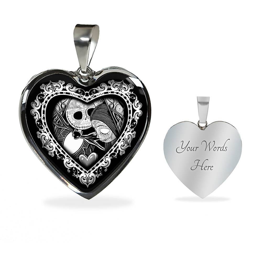 Jack And Sally Heart Pendant Necklace - Skellington Gifts For Couple - Heart Luxury Necklace (Silver)